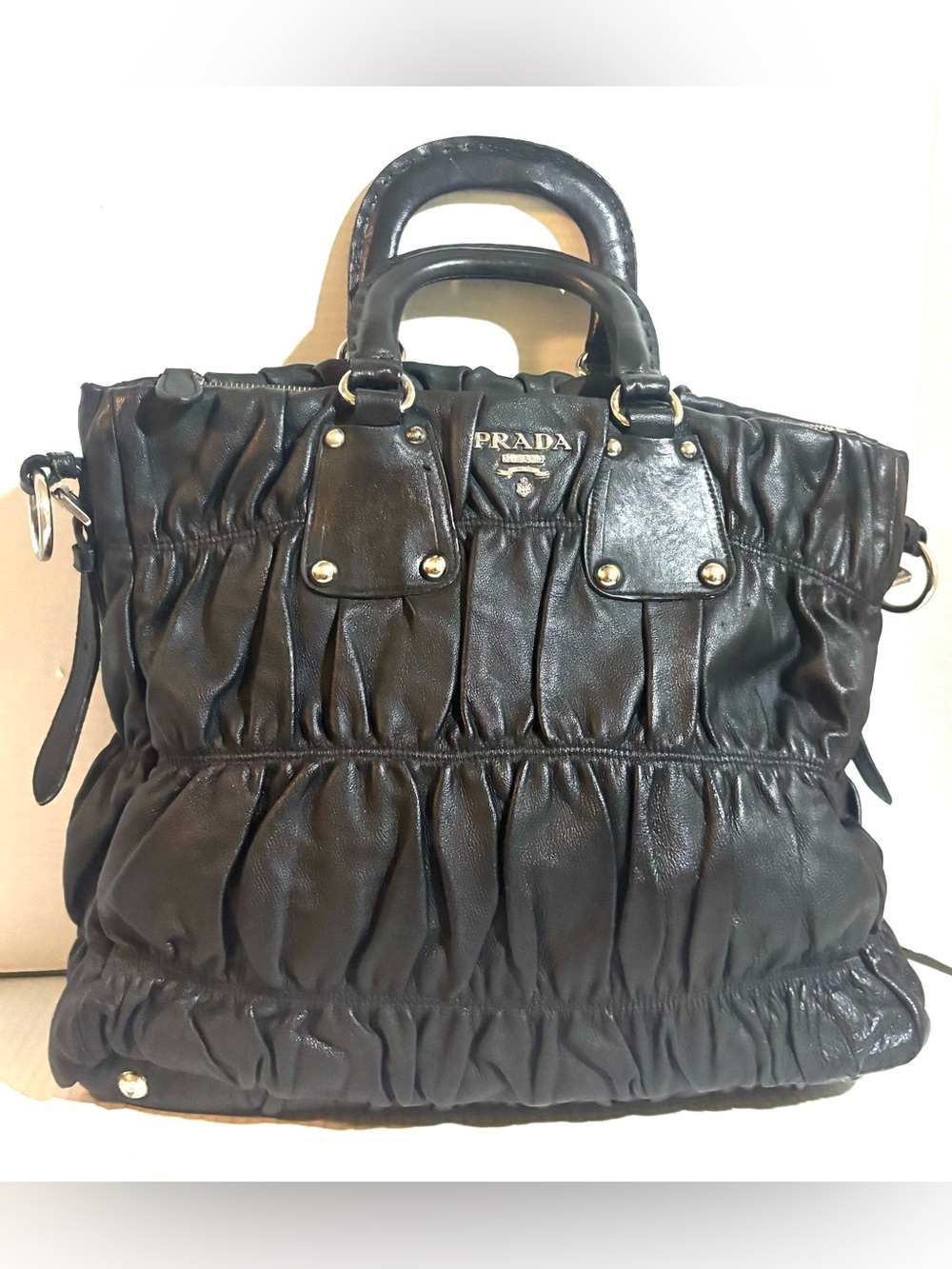 Prada Black Gathered Leather Tote with Gold Hardware